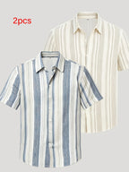 2pcs Men'S Contrasting Checkered Patchwork Short-Sleeved Shirt, Business Casual Lapel Cardigan Top - Blue+Light White