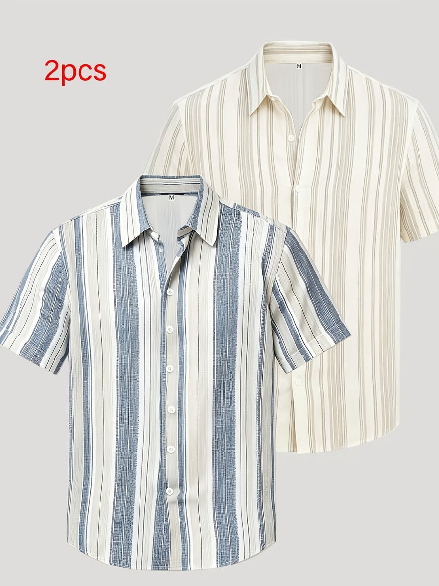 2pcs Men'S Contrasting Checkered Patchwork Short-Sleeved Shirt, Business Casual Lapel Cardigan Top - Blue+Light White