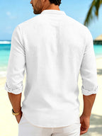 Men'S New Fashion Stand-Up Collar Long Sleeve Shirt, Lightweight Linen-Like Comfortable Fabric, Laborer Print Pattern, Suitable for Daily Commute Outdoor, Beach Vacation And Multi-Scene Wear Casual Shirt, Regular Fit Non-Picky Body Shape - White