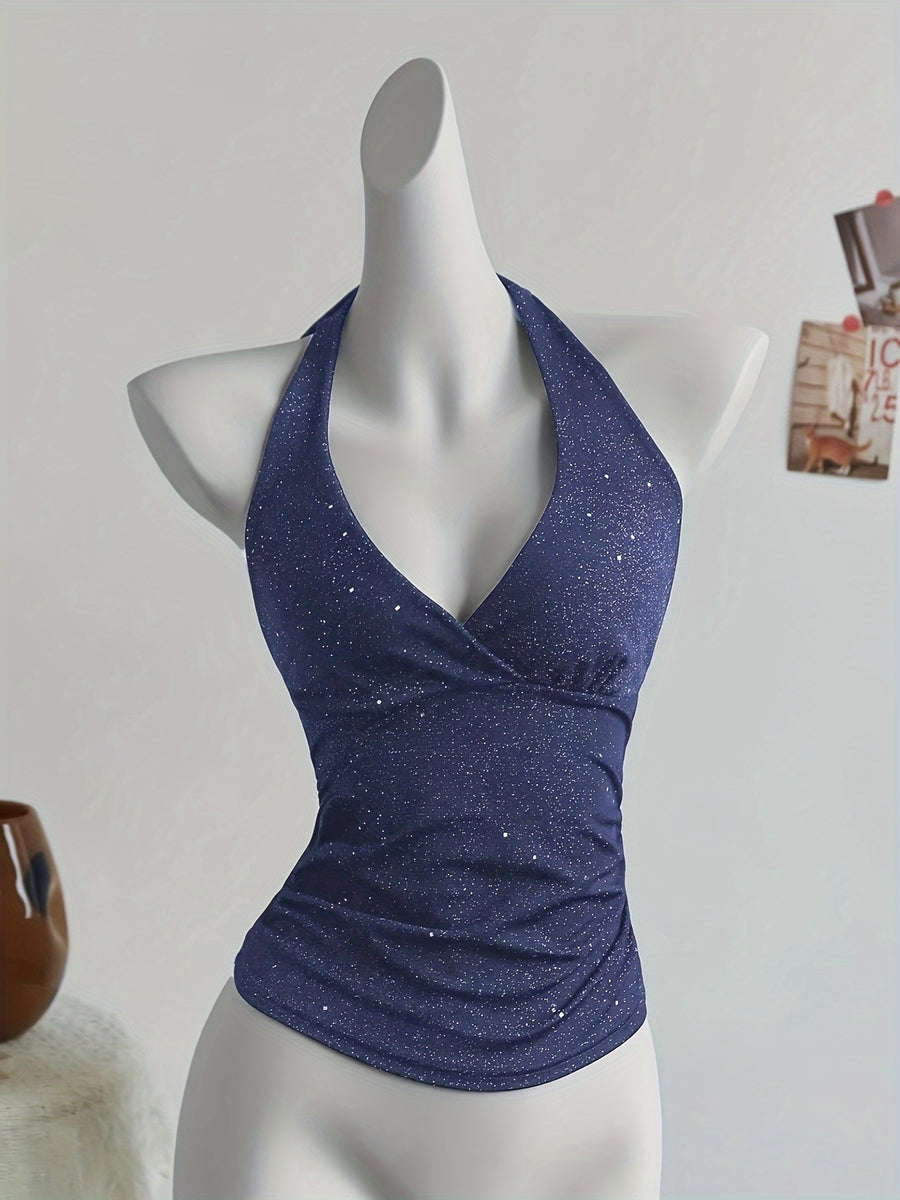 Fashion Shiny Cross-Back Halter Neck Crop Top ZLLZ - Royal Blue