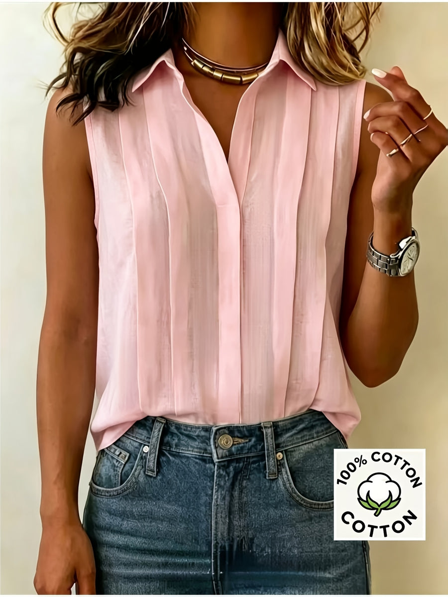 Pleated Design Statement Sleeveless Shirt, Women'S Lapel V-Neck Loose All-Match Summer Commute Top - pink