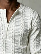 Autumn Men'S White Textured Henley Top, Half-Buttoned Jacquard Long Sleeve Knit Pullover, Korean Style Clean Fit for Men, Slight Stretch Regular Fit, Outdoor And Office Versatile Top - White