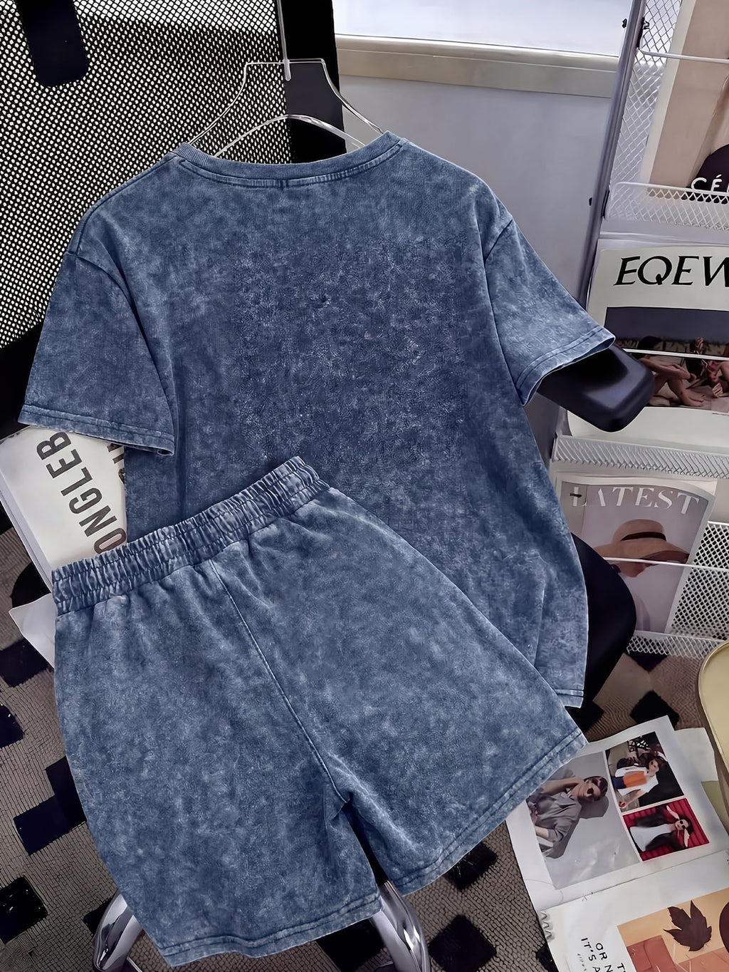 Summer Trendy Fashion Distressed Washed Short Sleeve Shorts with Drawstring Women'S Set NEW YORK City Letter Print American College Style (Varsity), New York Landmark Theme, Retro Style Comfortable for Hot Weather, Classic Silhouette for Styling - Blue