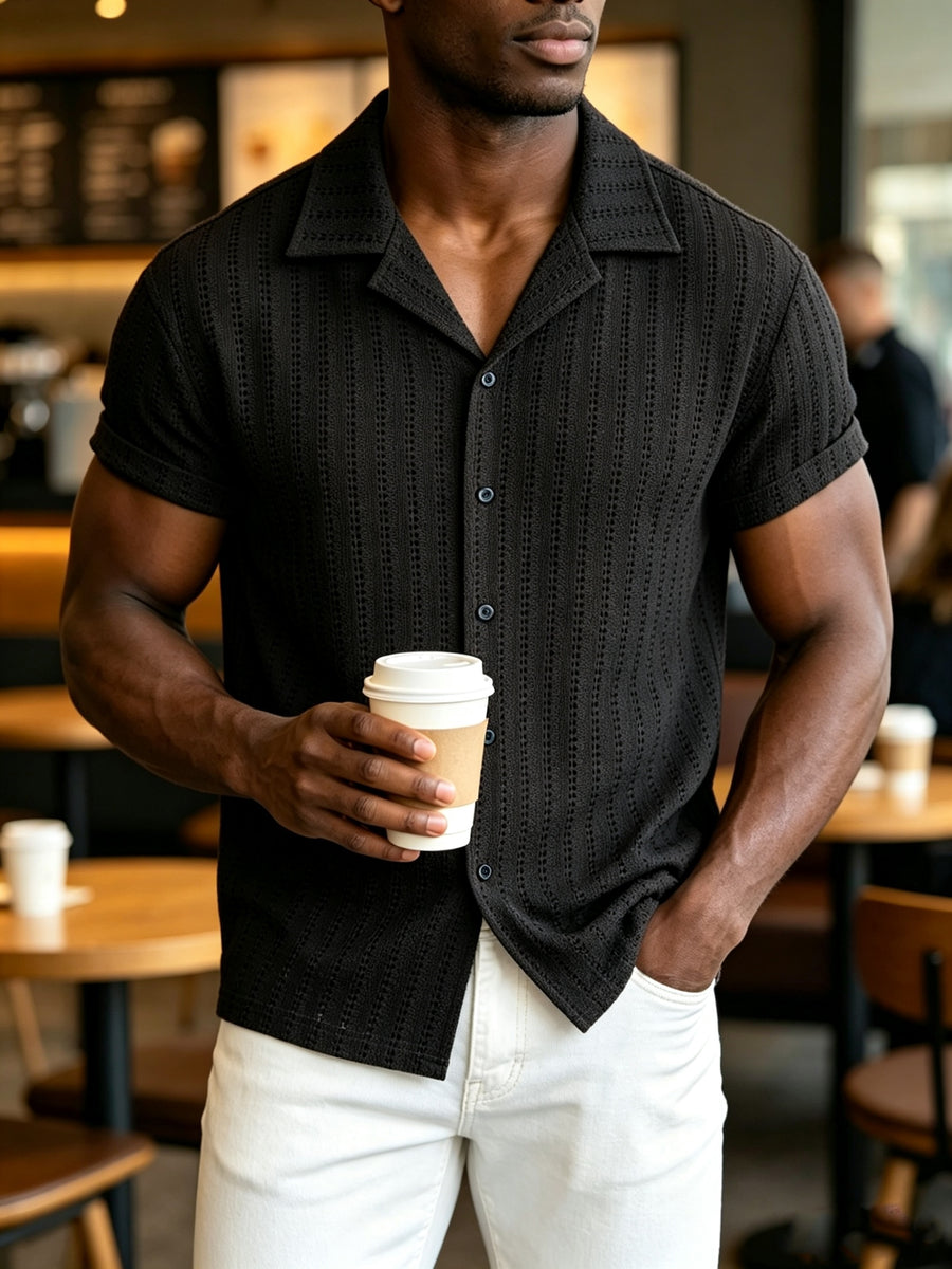 Men'S Crochet Knit Camp Collar Shirt, Short Sleeve Button- for Beach Vacation Casual Daily Wear - Black