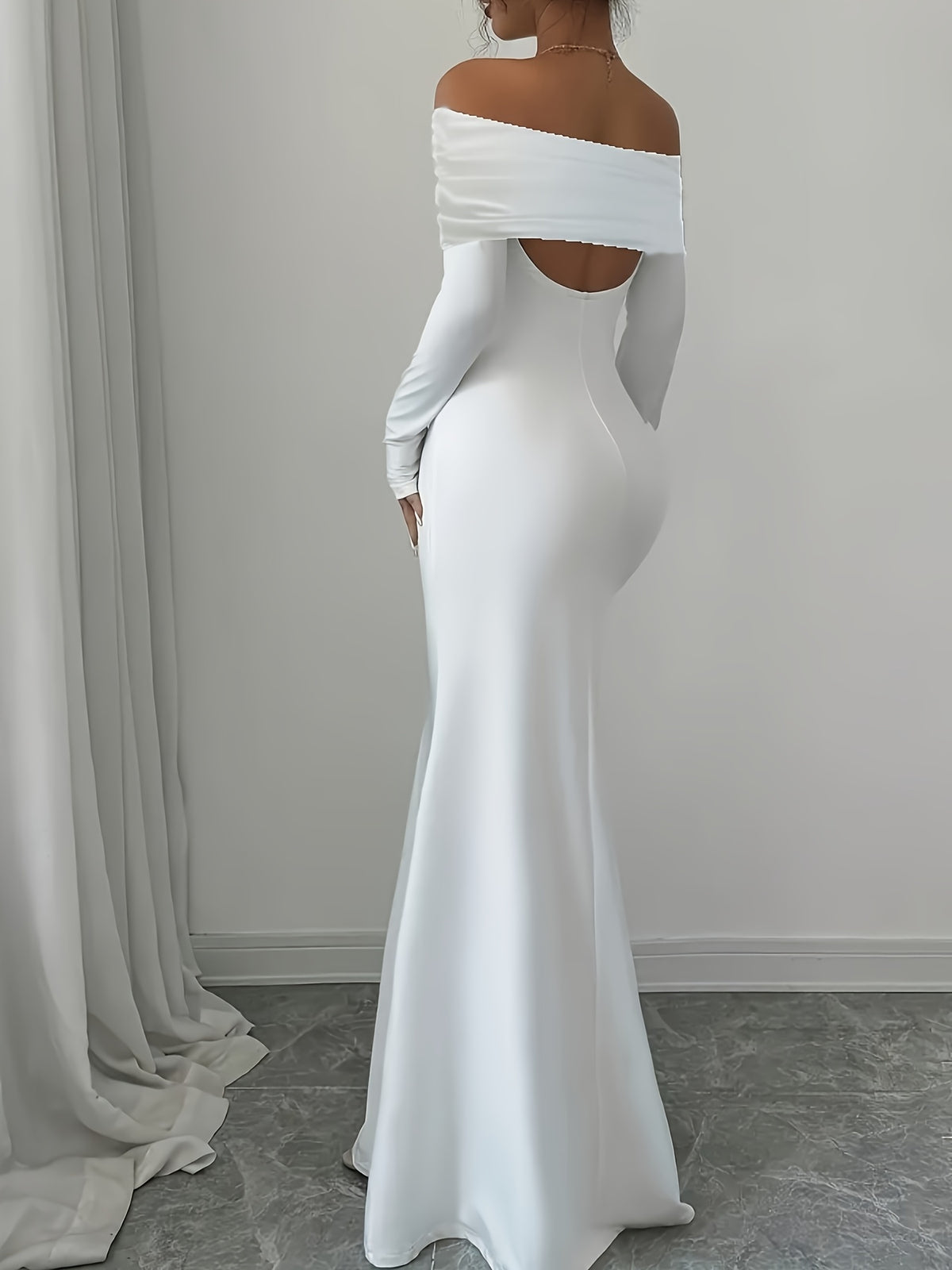 Spring And Summer Women'S Sexy Elegant Slim Long-Sleeved Waist Double-Layer Off-Shoulder Backless Knotted Fishtail Hem Dress Horizontal Orientation (BK0626061) - White