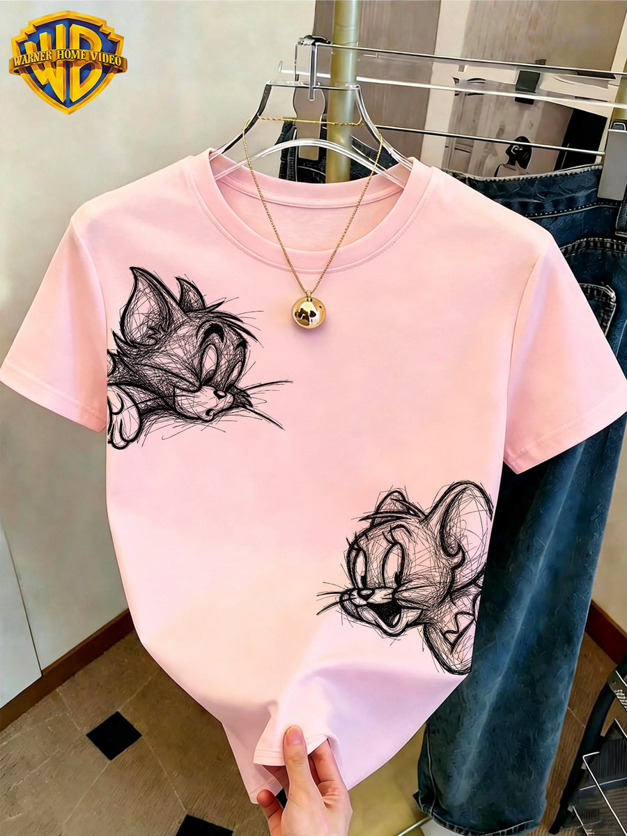 WB Women's Warner Bros. Licensed Two-Cartoon T-Shirt - Messy Sketch Line Print Crew Neck Short-Sleeve Top with Iconic WB Suitable for Casual Daily Wear,, Office & Outfits - Pink