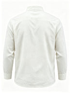 Men's Linen Long Sleeve Henley Shirt Stand Collar Loose Polo Shirt Men's Linen Zipper Casual Shirt - White