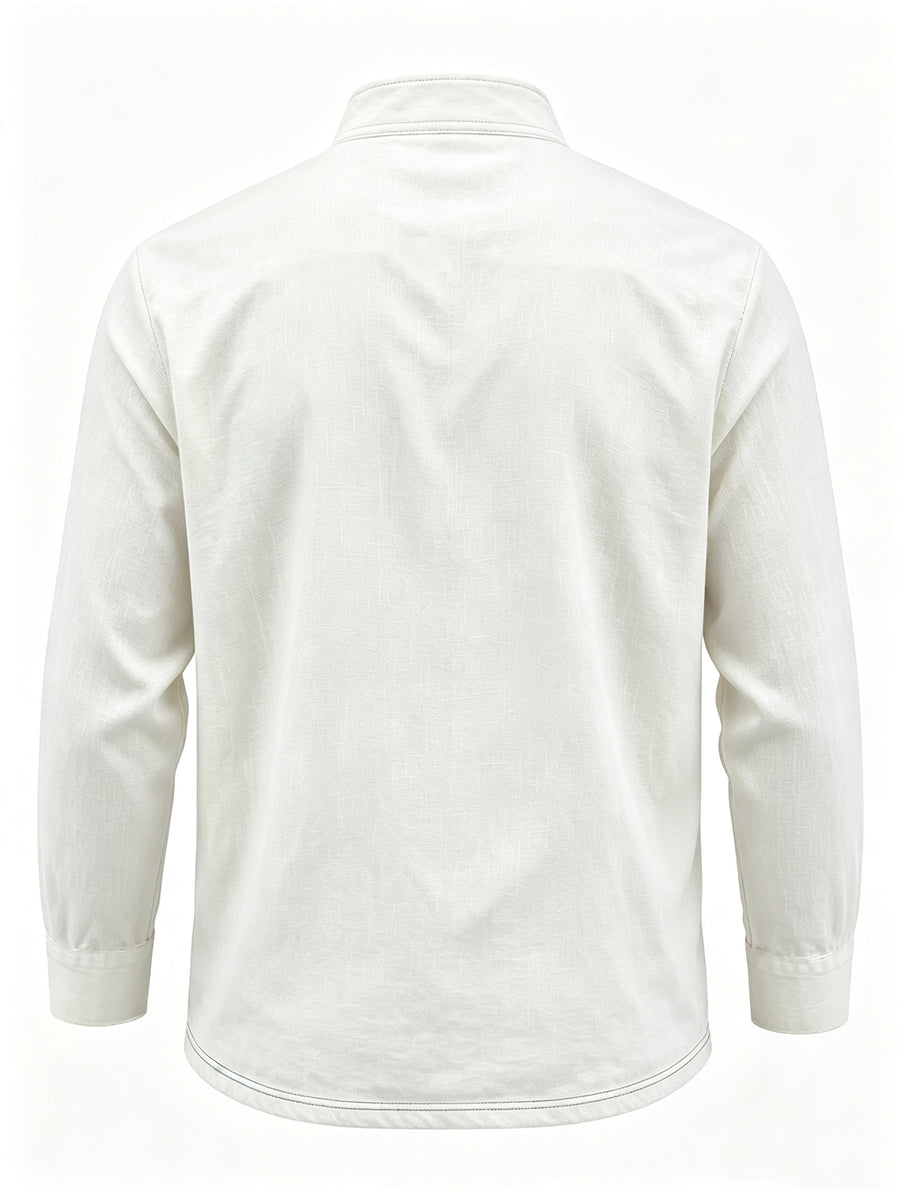 Men's Linen Long Sleeve Henley Shirt Stand Collar Loose Polo Shirt Men's Linen Zipper Casual Shirt - White