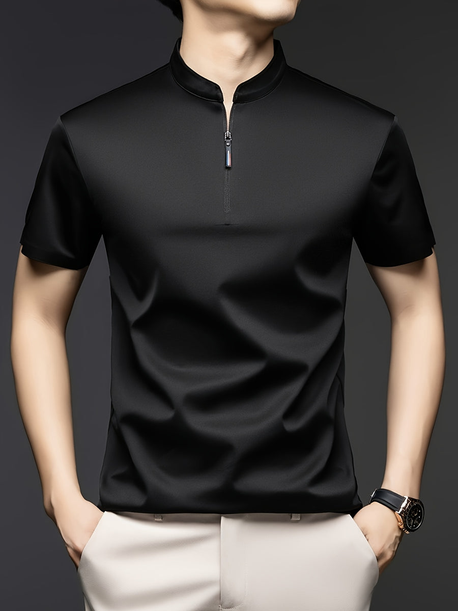 [Josh Mei Obm] Summer Men'S Solid Color Short Sleeve Zipper T-Shirt, Mid-Age Casual Stand-Up Collar Pullover Top - Black
