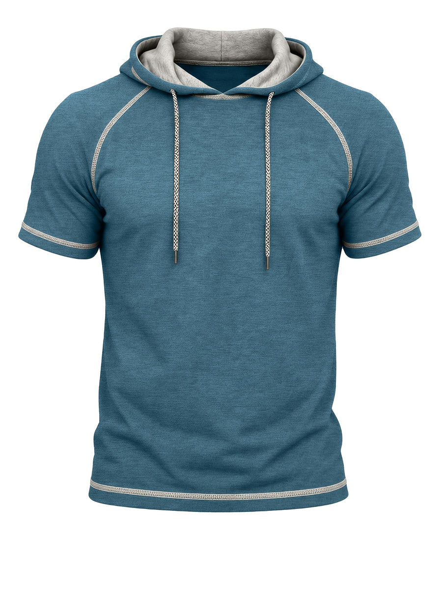 Summer Cross-Border Western Men'S Hooded Short-Sleeve T-Shirt, Color-Block Foreign Men'S Athletic Top - Blue