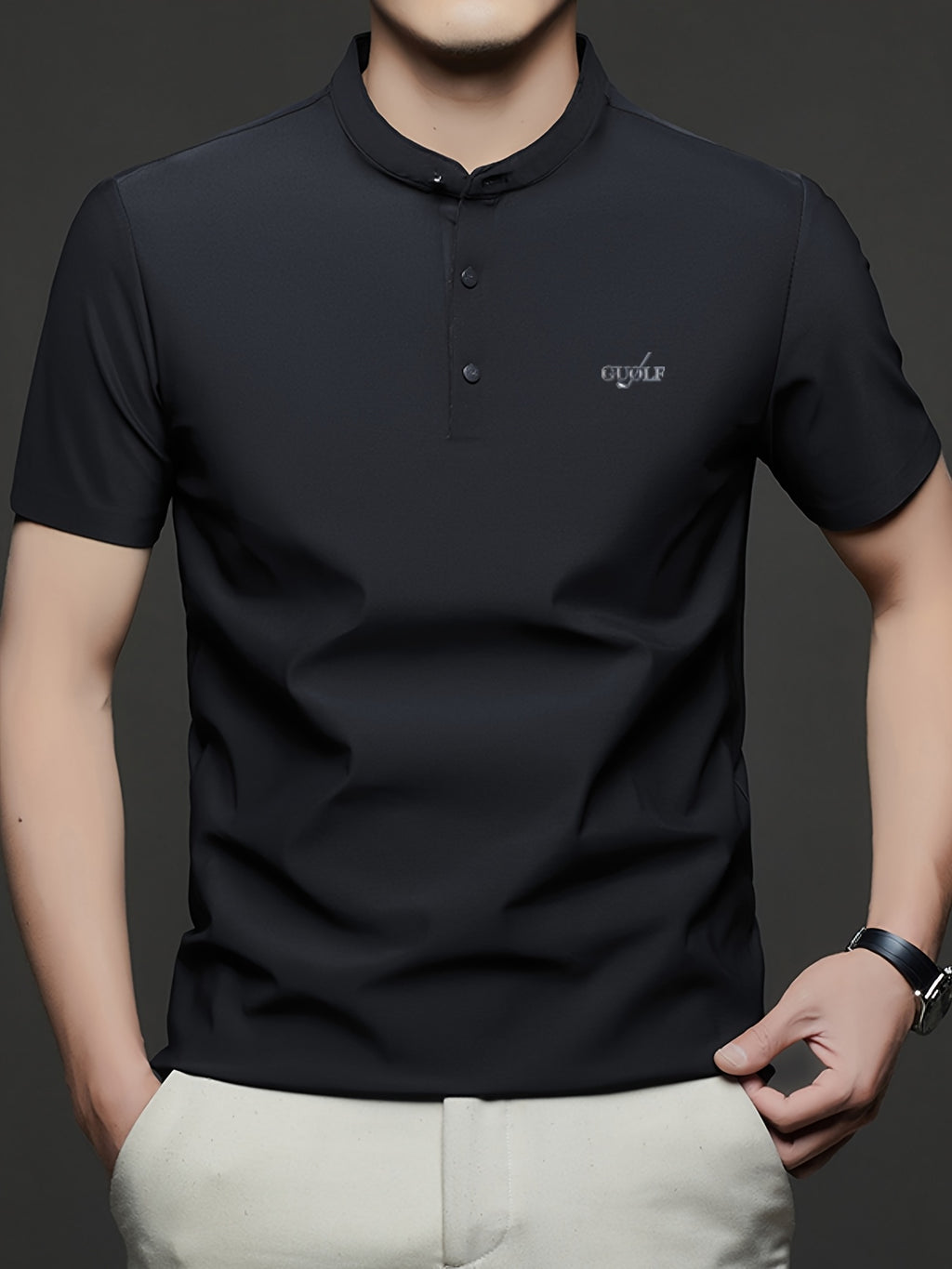 Maqiqi OBM Men's Chinese Style Henley Shirt - Breathable Short-Sleeve -Front Collar Polo, Half-Open Placket Stand Collar Tunic for Business Casual Wear, Layering Base Layer Top Suitable for Office, Golf, Running Gift - Black