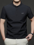 Maqiqi OBM Men's Chinese Style Henley Shirt - Breathable Short-Sleeve -Front Collar Polo, Half-Open Placket Stand Collar Tunic for Business Casual Wear, Layering Base Layer Top Suitable for Office, Golf, Running Gift - Black