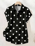 Summer Fashion Black And White Polka Dot Single-Button Off-Shoulder Short Sleeve Shirt, Elegant Casual Women'S Top, Suitable for Office Commute And Daily Wear, Polka Dot Print, Wrinkle-Resistant, Easy Care, Machine Washable - Black