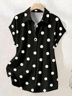 Summer Fashion Black And White Polka Dot Single-Button Off-Shoulder Short Sleeve Shirt, Elegant Casual Women'S Top, Suitable for Office Commute And Daily Wear, Polka Dot Print, Wrinkle-Resistant, Easy Care, Machine Washable - Black