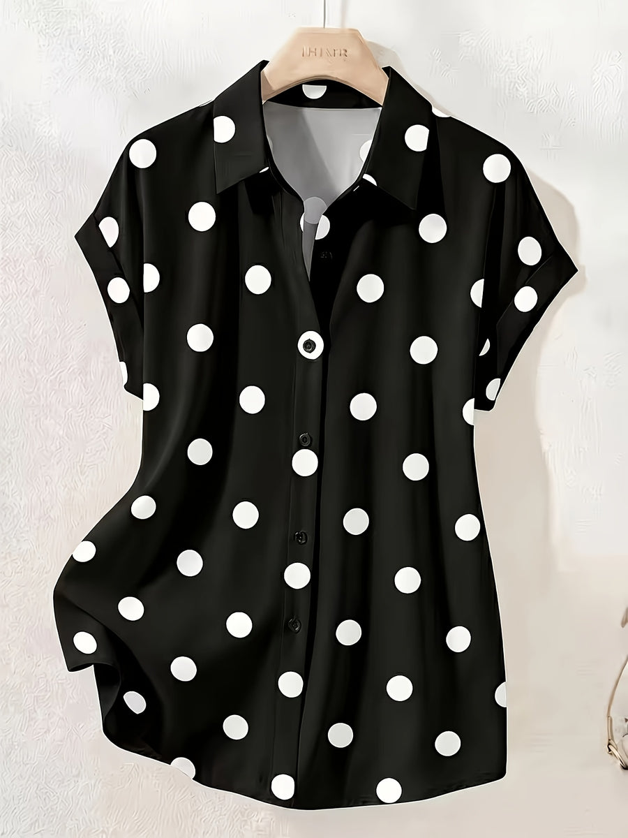Summer Fashion Black And White Polka Dot Single-Button Off-Shoulder Short Sleeve Shirt, Elegant Casual Women'S Top, Suitable for Office Commute And Daily Wear, Polka Dot Print, Wrinkle-Resistant, Easy Care, Machine Washable - Black