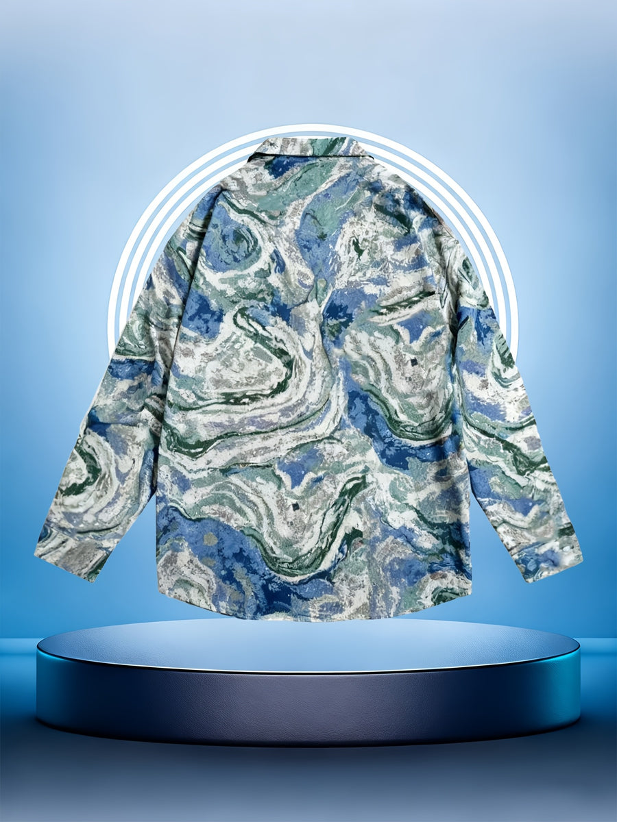 Men'S American Retro All-Over Floral Woven Teddy Bear Shirt Jacket, Men'S Autumn Premium Trendy Brand Bad Boy Influencer Casual Shirt - Blue and green painted