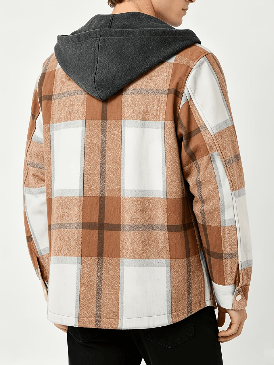 Men's Flannel Jacket Sherpa Lined Shirt Jacket Plaid Zip Up Hoodie Winter Warm Coats with Hood - Khaki