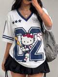 Sanrio Hello Kitty Varsity Baseball Women's T-Shirt V-Neck Navy Blue & White Color Block Loose Fit Double-Sided Graphic Print Y2K Summer Tee - Navy Color
