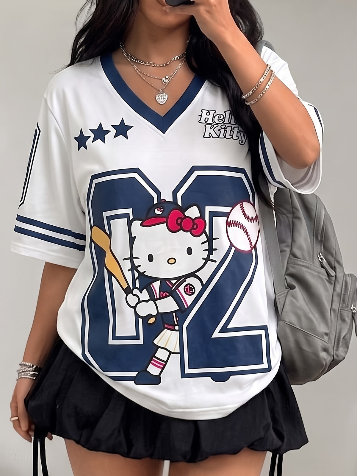 Sanrio Hello Kitty Varsity Baseball Women's T-Shirt V-Neck Navy Blue & White Color Block Loose Fit Double-Sided Graphic Print Y2K Summer Tee - Navy Color