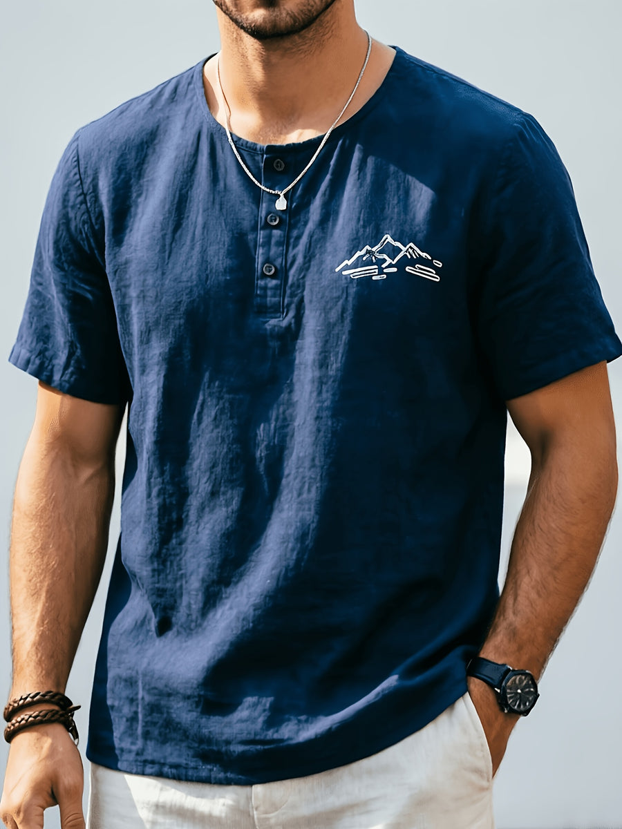 Men'S Summer -Linen Half-Zip Short Sleeve T-Shirt - Navy Color