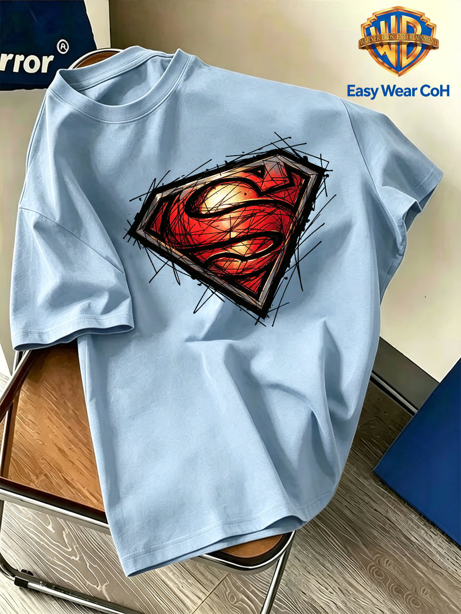 Warner Bros. Authentic Men's Pure Cotton Short-Sleeve T-Shirt, Featuring a Classic Hand-drawn Sketch-style Superman Core Pattern + S Shield Logo Creative Print. The Sketch Design Has Finely Detailed Layers, and the Pure Cotton Fabric Dispels Summer - Light Blue