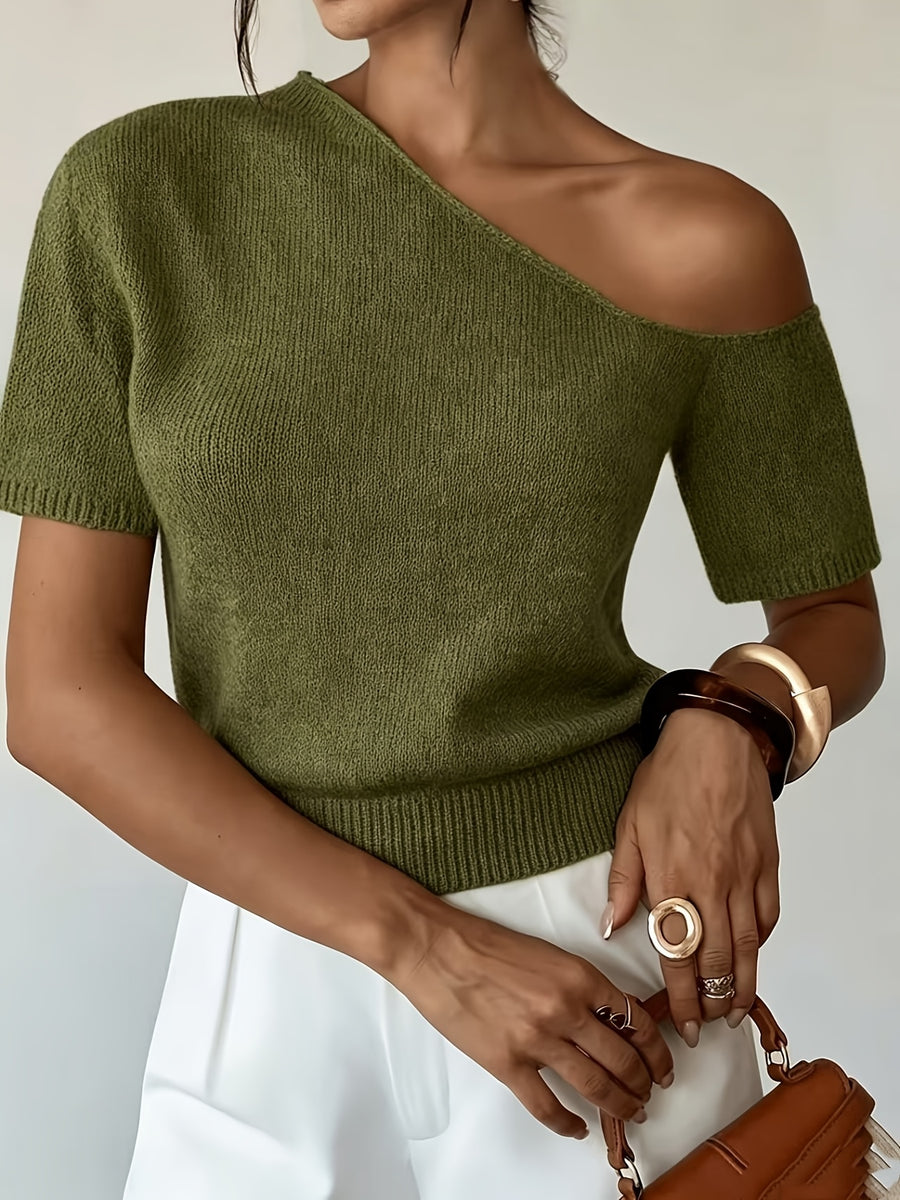 Women'S New Spring Summer Off-Shoulder Short Sleeve Basic Solid Color Casual Elegant Women'S Top - Olive Green