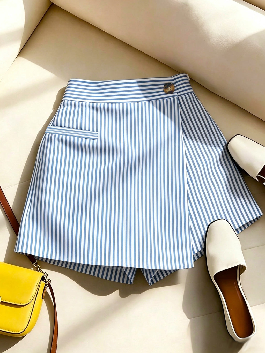 Women'S Summer New French Elegant Easy Casual Fashion All-Match Striped A-Line Short Skirt Pants - Blue And White