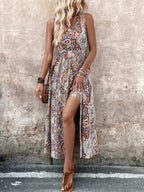 Spring/Summer Development Resort Leisure New Arrival European and American Fashion Trend  Paisley Print V-Neck Sleeveless Jumpsuit - Red
