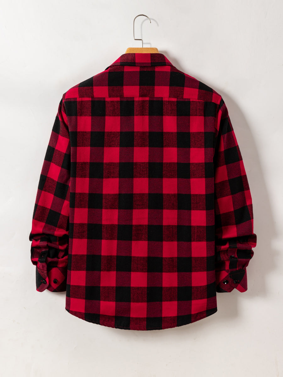 New Trendy Men'S Brushed Checkered Shirt Fall Winter Casual Jacket Outerwear - Red
