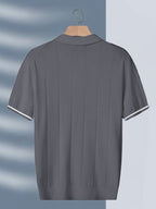 New Men's Business Fabric Shirt, Summer Men's Light Business Solid Color Casual Men's Lapel Short Sleeve Knitted Top - Grey