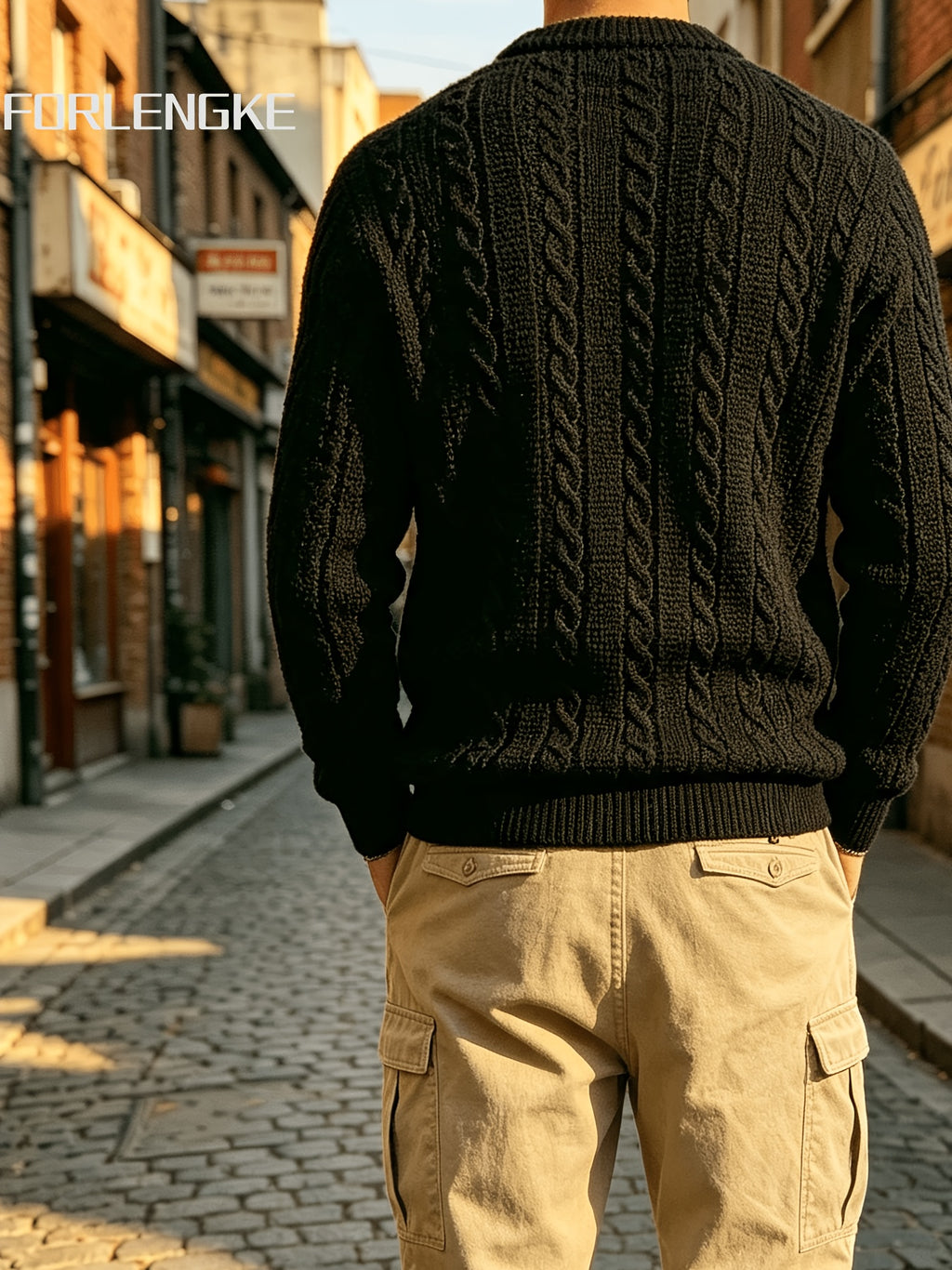 FORLENGKE Autumn Winter Men'S Henley Collar Half-Button Cable Knit Top Vintage Street Style 3D Twist Knit Long Sleeve Sweater Loose Slimming Casual Versatile Inner Wear Outer Wear Pullover Shirt - Black