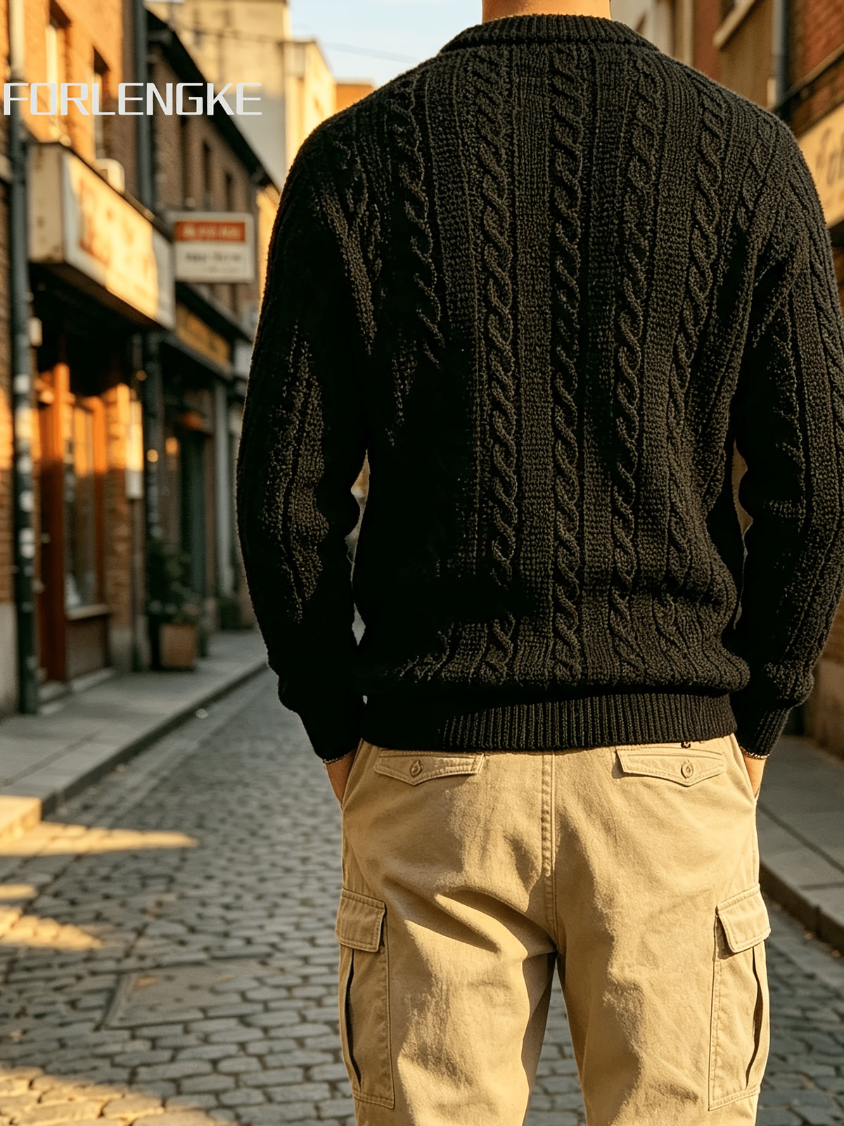 FORLENGKE Autumn Winter Men'S Henley Collar Half-Button Cable Knit Top Vintage Street Style 3D Twist Knit Long Sleeve Sweater Loose Slimming Casual Versatile Inner Wear Outer Wear Pullover Shirt - Black