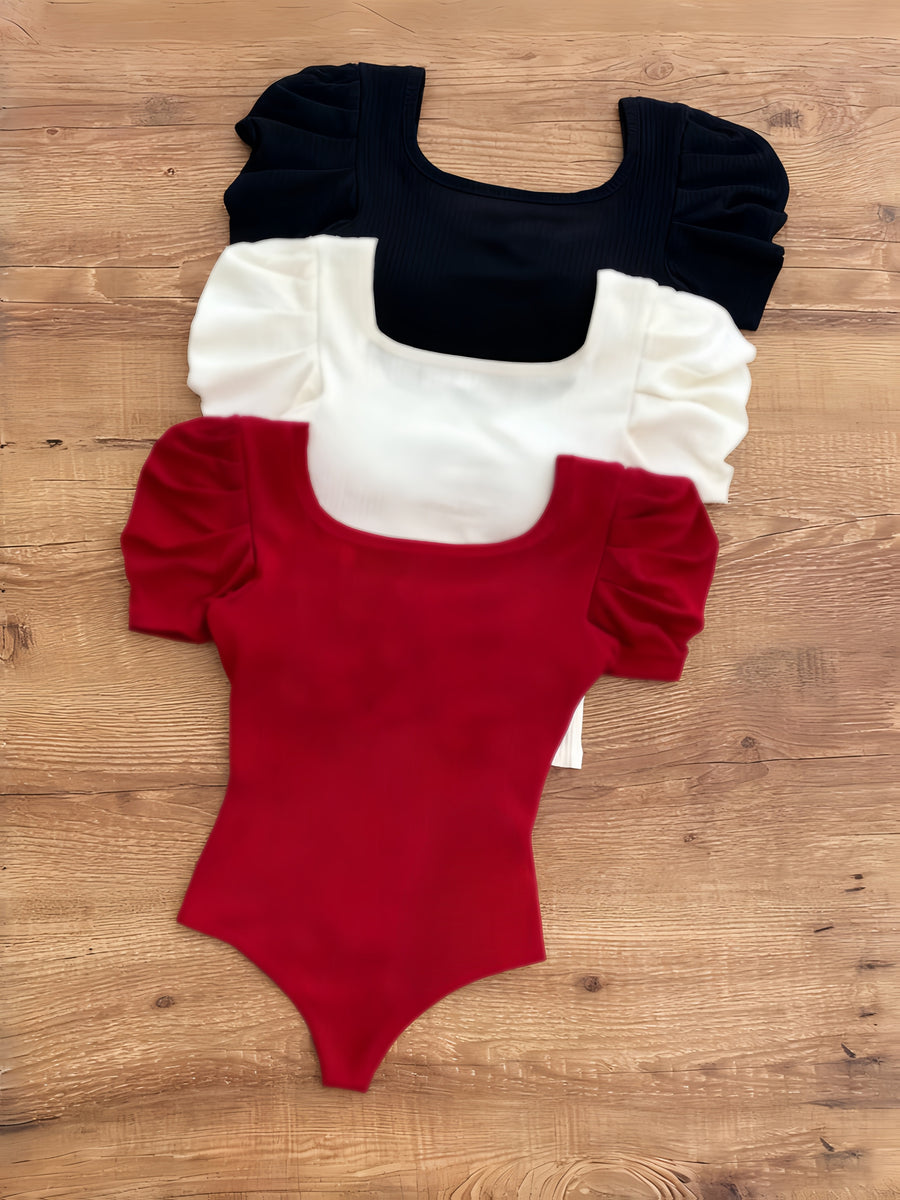 3-Pack Elegant Square Neck High-Elasticity Short Sleeve Tops for Women | Spring/Fall, Solid Color, Regular Fit - Black+white+red