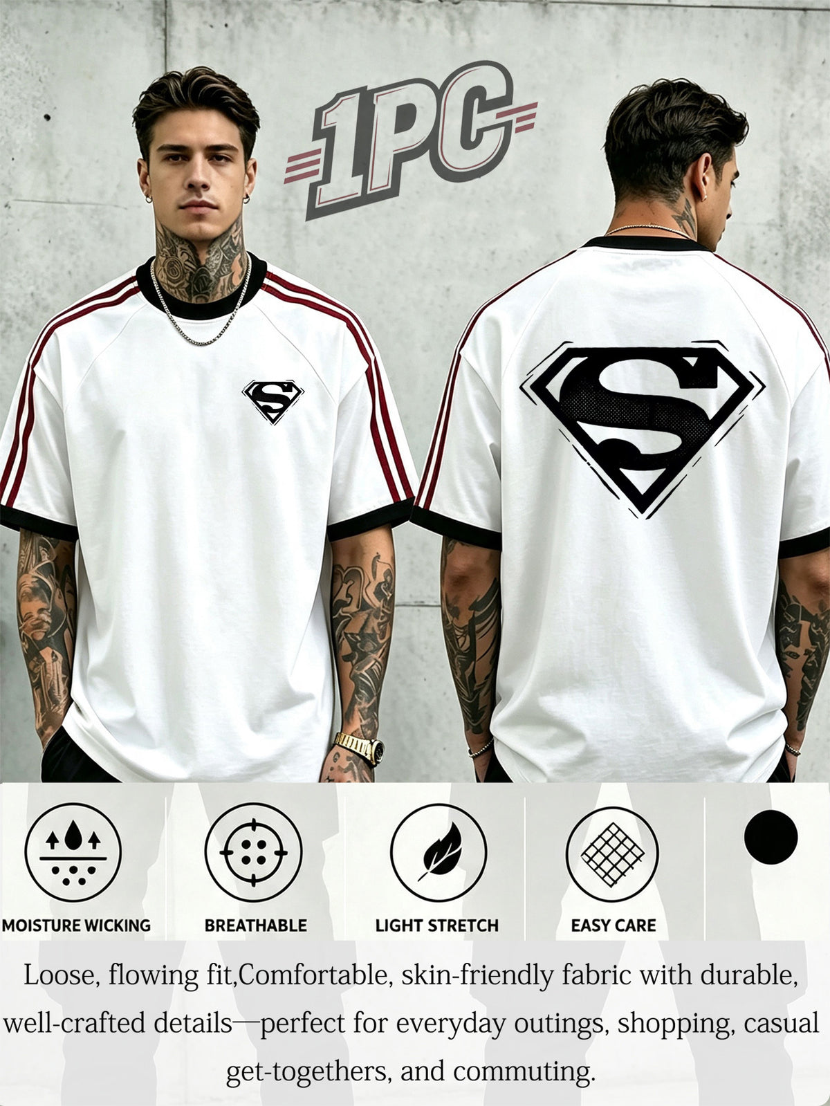 Warner Licensed - Men'S 100% Round Neck Short Sleeve T-Shirt, Summer New Breathable Skin-Friendly Fabric, Featuring Superman Print Pattern, Refreshing And Summer Vibe, Contrast Striped Design Adds Athletic Energy, Avoiding Monotony with Trendy Feel - White