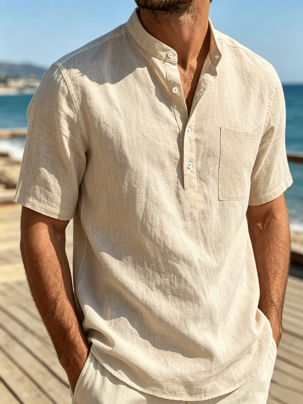 Men'S 3pcs Set of Stand-Collar Henley Short-Sleeve Shirts, Summer Thin Casual Button-Up Shirts, Chest Pocket Loose Breathable Solid-Color Short-Sleeve Tops - Navy blue + black + khaki