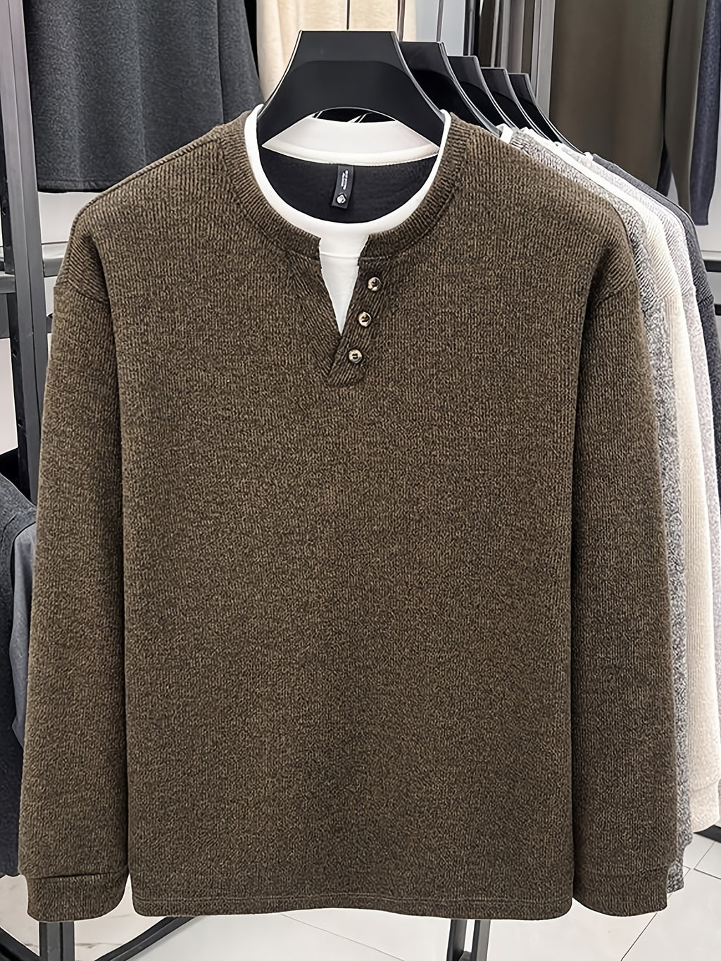 Autumn/Winter New V-Neck Button Design Color-Blocked Spliced Crew Neck Men's Sweater, Thickened Warm Versatile Casual Knitwear, Skin-Friendly and Comfortable, Durable and Breathable Pullover Men's Top BD26806 - Coffee Color