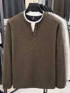 Autumn/Winter New V-Neck Button Design Color-Blocked Spliced Crew Neck Men's Sweater, Thickened Warm Versatile Casual Knitwear, Skin-Friendly and Comfortable, Durable and Breathable Pullover Men's Top BD26806 - Coffee Color