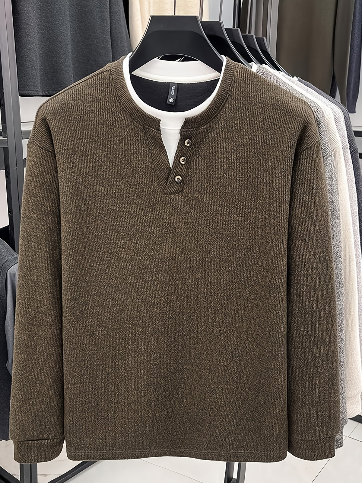 Autumn/Winter New V-Neck Button Design Color-Blocked Spliced Crew Neck Men's Sweater, Thickened Warm Versatile Casual Knitwear, Skin-Friendly and Comfortable, Durable and Breathable Pullover Men's Top BD26806 - Coffee Color