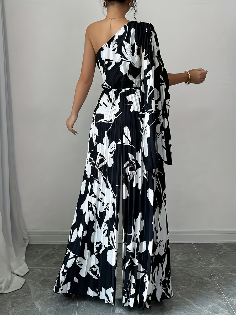 Women'S Casual Elegant Vacation Asymmetrical Trumpet Sleeve Black And White Printed Pleated Jumpsuit, Spring Summer Collection - Black And White
