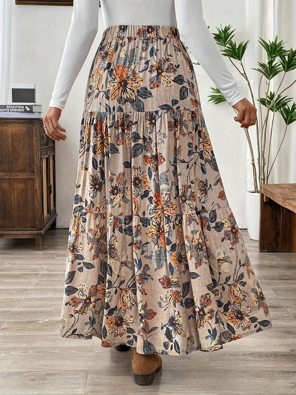 Vintage Pleated Floral Print Skirt for Women, New High-Waist Flared A-Line Cake Skirt Long Dress - Mixed colors