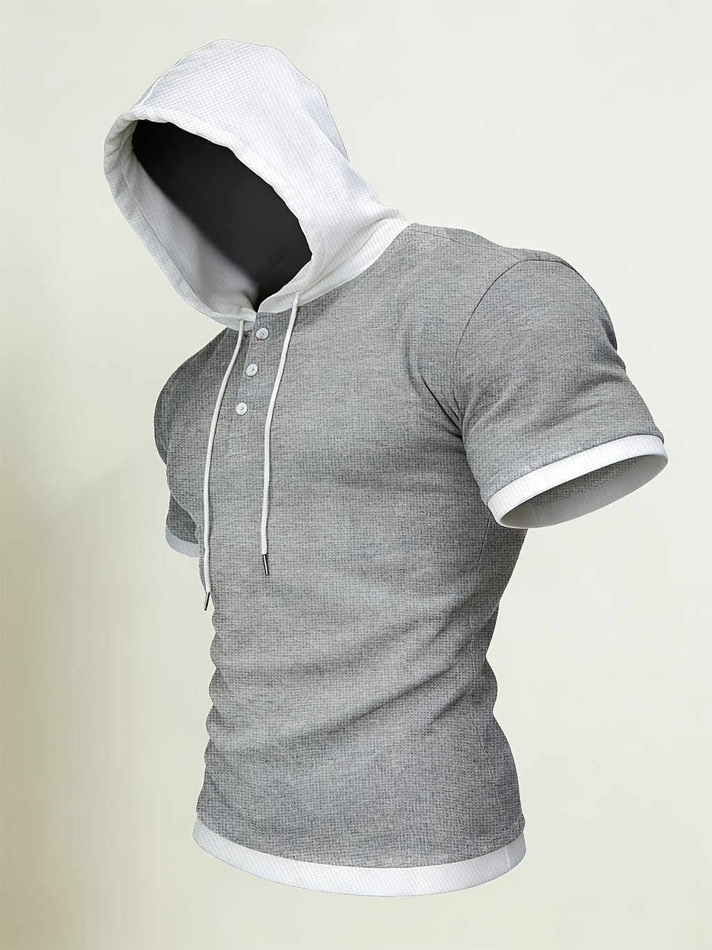 Josh Rose Summer Men's High-Quality Waffle Hooded Short-Sleeve T-Shirt - Unique Fashionable Patchwork Design with Special Textured Fabric, Adjustable Drawstring with Button, Suitable for Gym Workouts, Sports, Casual Wear, Outdoor Camping - Grey