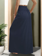 Ladies' Elegant High-Waisted Solid Color Skirt with Elastic Waistband and Pockets - Versatile Midi Summer Dress, Machine Washable, Suitable for Holiday Casual or Office Wear - Beach Outing - Opaque Material - Navy Color