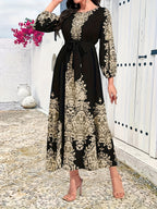 Vintage Graphic Print Belted Dress, Elegant Crew Neck Lantern Sleeve Dress For Spring & Fall, Women's Clothing - Black