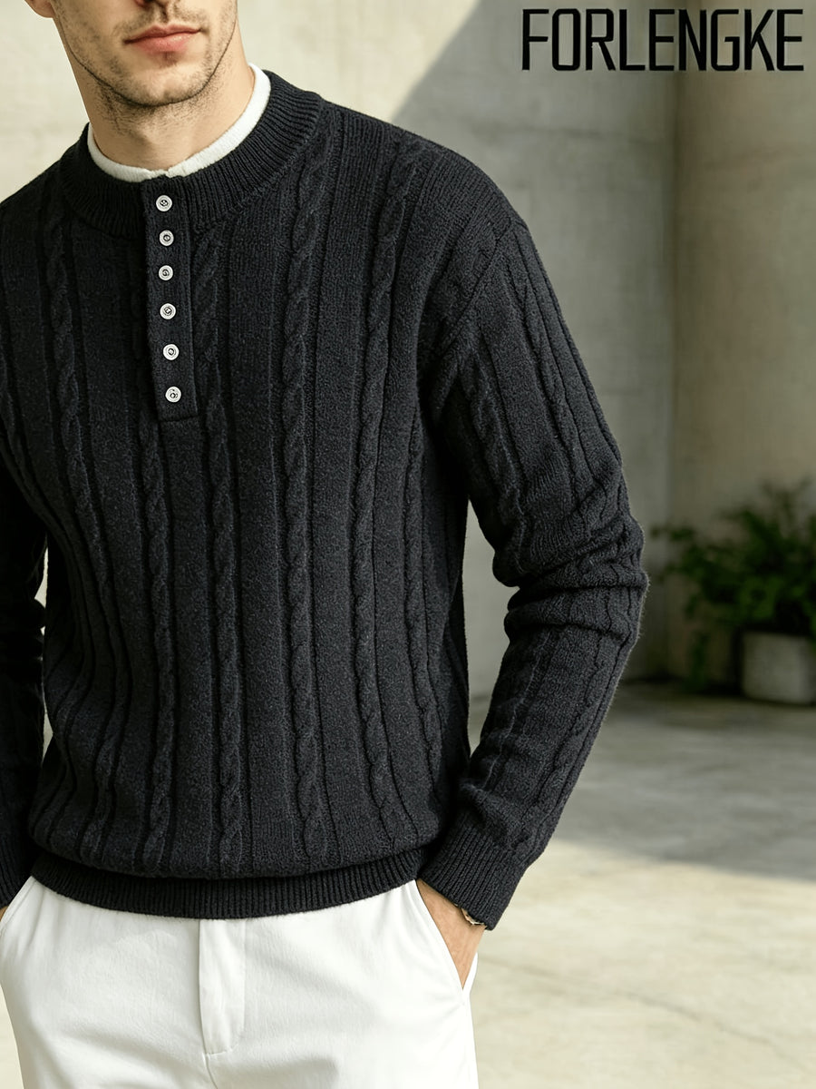 FORLENGKE 2026 New Men's Business Casual Crew Neck Cable Knit Sweater, Soft Warm Long Sleeve Pullover for Fall Winter Office Daily Wear - Black