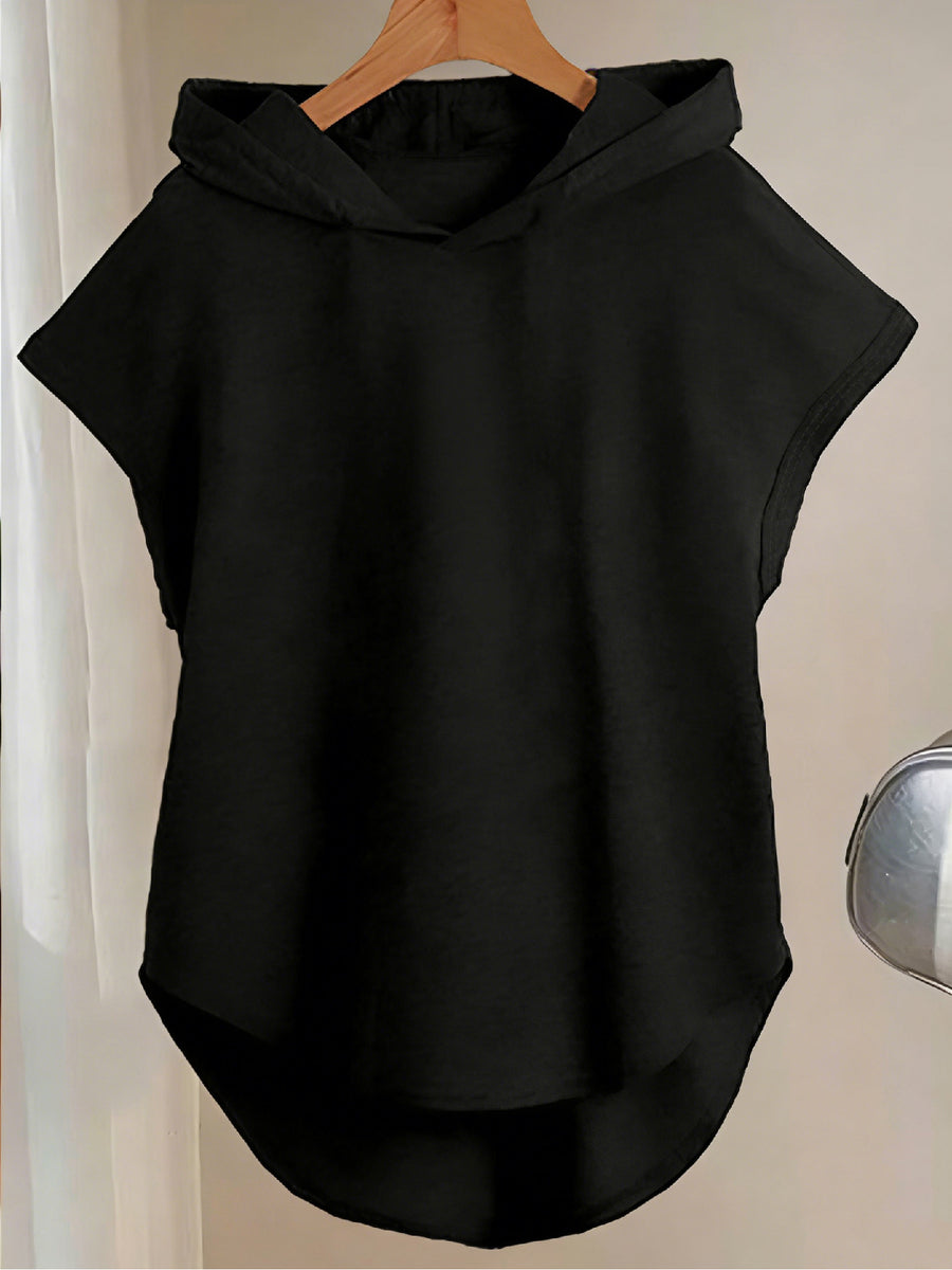 Y Style Hooded T-Shirt, Y2K Style Sleeveless Hooded T-Shirt, Lightweight Curved Hem T-Shirt Suitable for Casual Daily Wear - Black