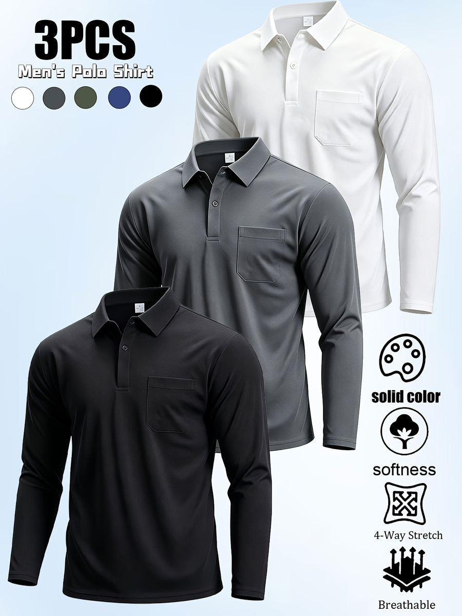 3pcs Men'S Long Sleeve Polo Shirt with Chest Pocket Design, Solid Color Quick-Dry Breathable Golf Polo Shirt, Soft And Smooth, Suitable for Spring And Autumn Wear, Lightweight Daily Commuting, Outdoor Sports, Business Basic Clothing - Black+White+Grey
