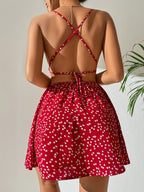 Women's Elegant Heart Print Sexy Spaghetti Strap Back Tie 2026 Summer New Arrival Valentine's Day Party Cocktail Beach Street Fashion Casual Loungewear - Red