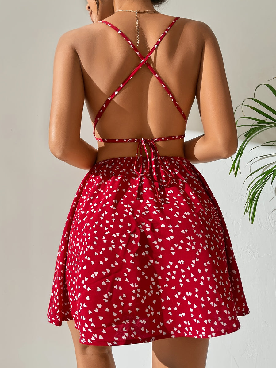 Women's Elegant Heart Print Sexy Spaghetti Strap Back Tie 2026 Summer New Arrival Valentine's Day Party Cocktail Beach Street Fashion Casual Loungewear - Red