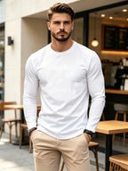 Men's White Crew Neck Long Sleeve Slim Fit T-Shirt, Spring/Autumn Solid Color Basic Stretchy Breathable Casual Top, Versatile Everyday Commuting Base Layer - Mixed colors