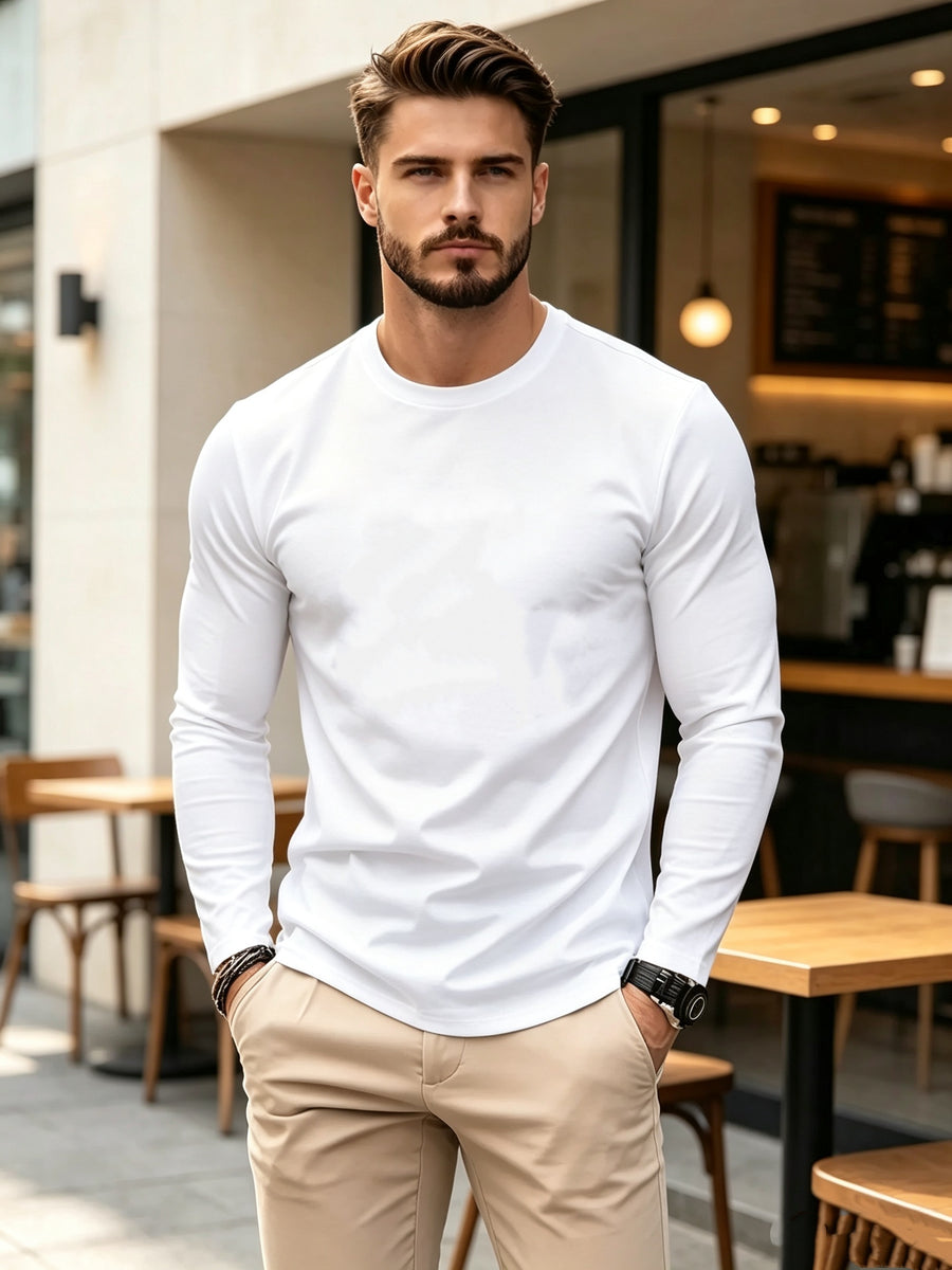 Men's White Crew Neck Long Sleeve Slim Fit T-Shirt, Spring/Autumn Solid Color Basic Stretchy Breathable Casual Top, Versatile Everyday Commuting Base Layer - Mixed colors